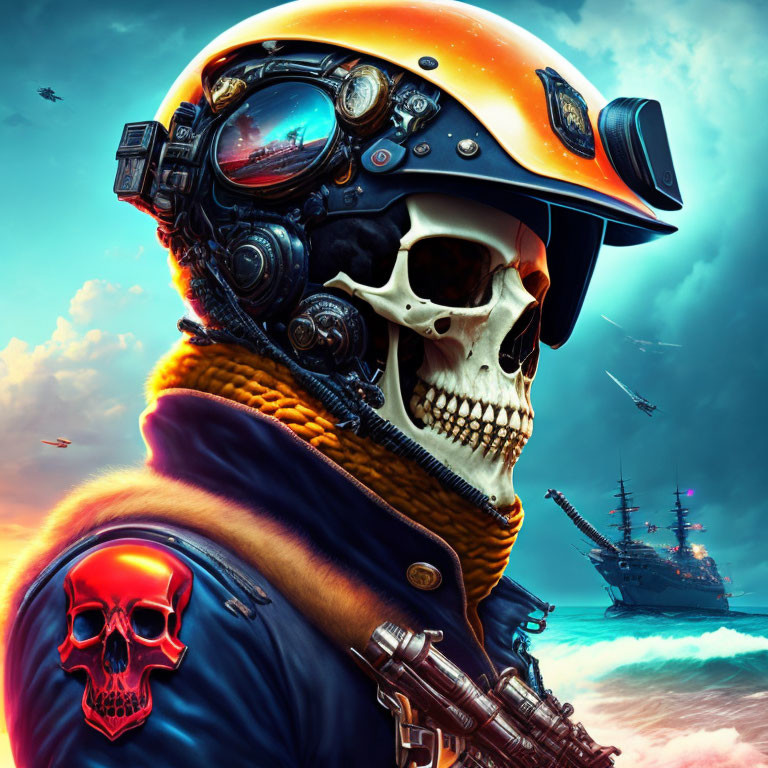 Skull with Aviator Helmet and Futuristic Naval Battle