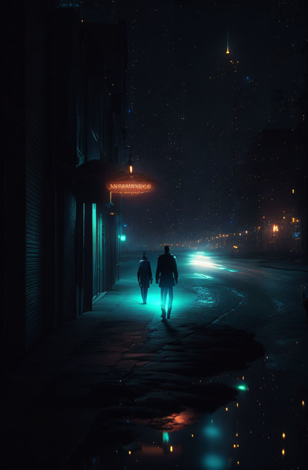 Night scene: Two individuals walking under neon light on wet city street