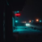 Night scene: Two individuals walking under neon light on wet city street