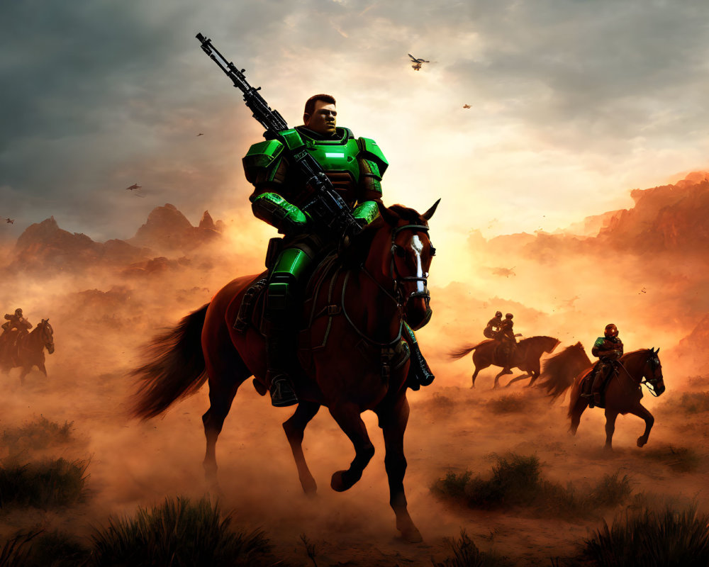 Futuristic soldier in green power armor rides horse with companions in dusty, sunset-lit landscape