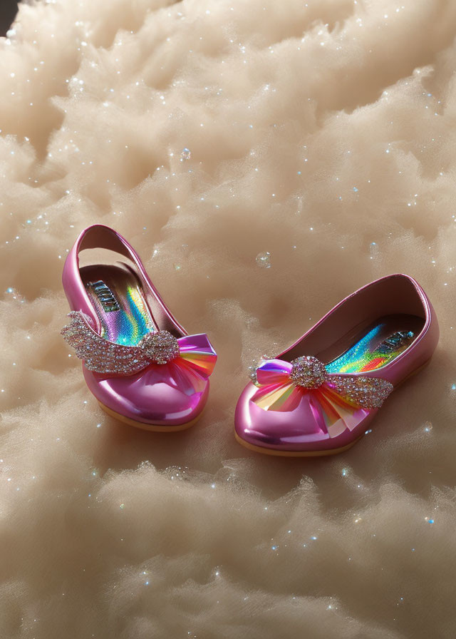 Pink Glittery Children's Shoes with Bow Embellishments on Rainbow Insoles