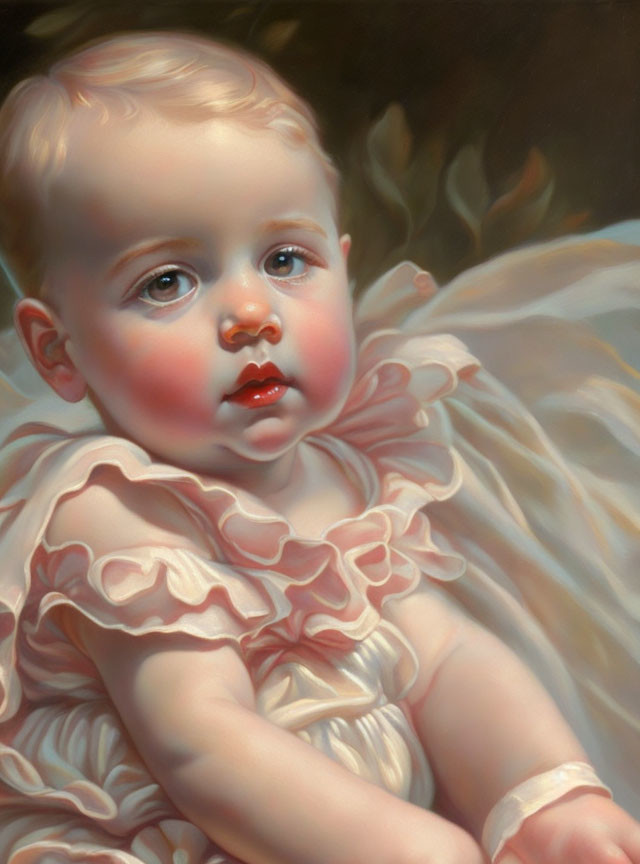 Cherubic young child in ruffled garment against dark backdrop