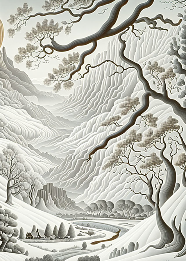 Detailed Monochrome Landscape Illustration with Hills, Trees, and Paths