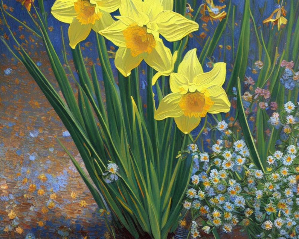 Vibrant yellow daffodils and bee in blue and white wildflower setting