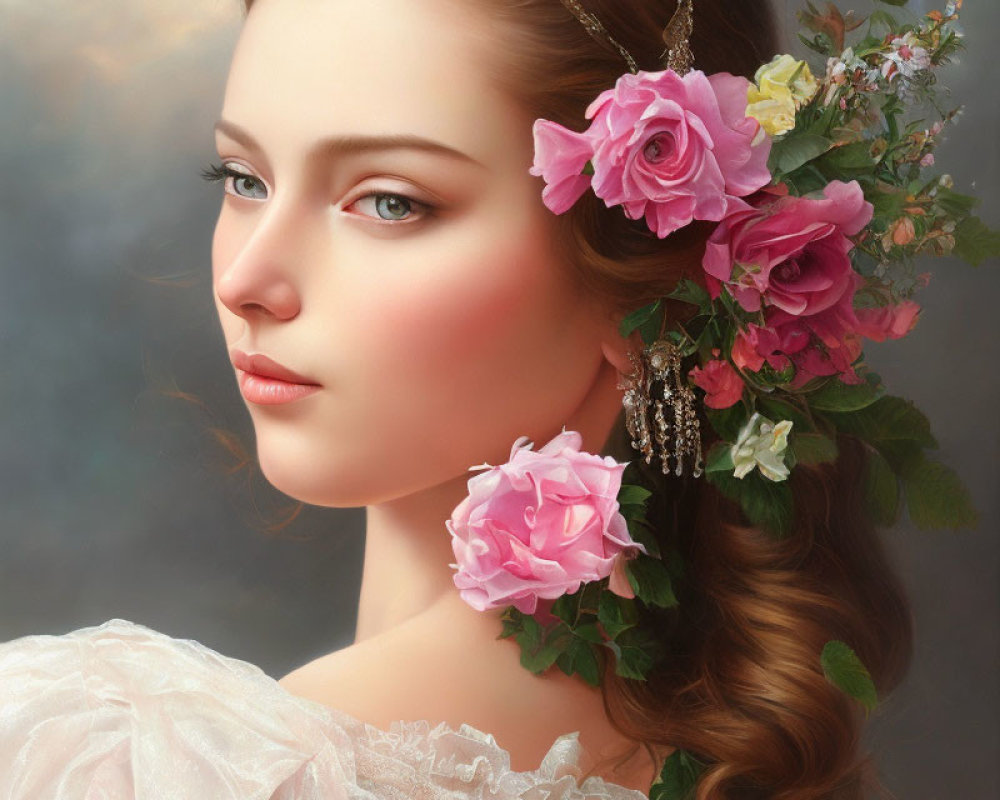 Woman portrait with floral headdress: pink roses, green leaves, delicate jewelry