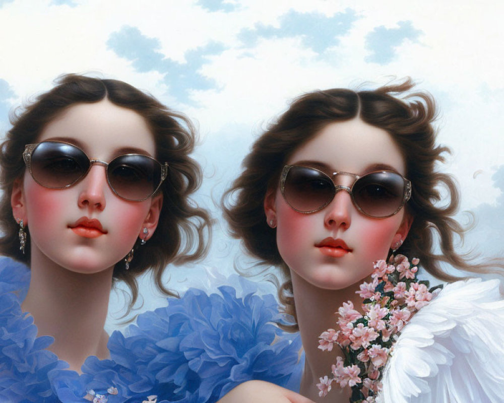 Identical Woman Portraits: Rosy Cheeks, Sunglasses, Blue Ruffles, White Fe