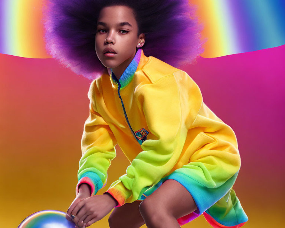 Person with Voluminous Afro Hair Touching Iridescent Bubble in Colorful Hoodie