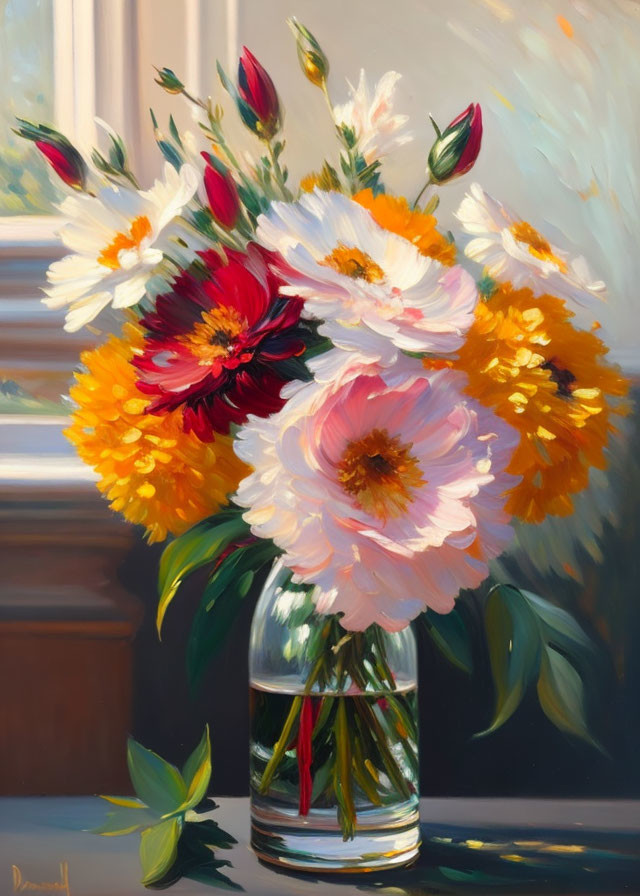 Colorful Flower Bouquet Oil Painting with Glass Vase and Soft Light