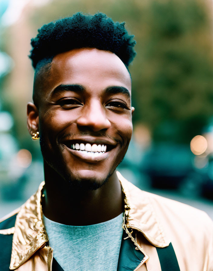 Man with short curly hair in golden jacket smiles against city background