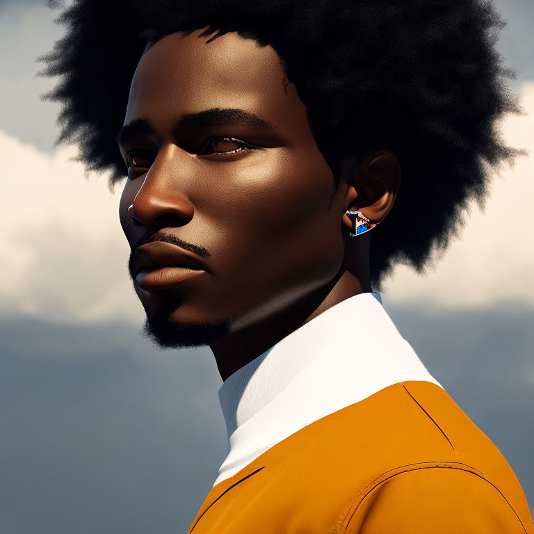 Stylized digital portrait of a man with black hair and orange jacket