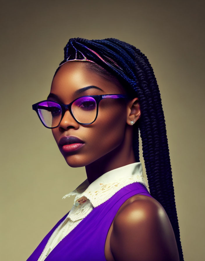 Woman with braided hair and purple glasses in violet top against beige background