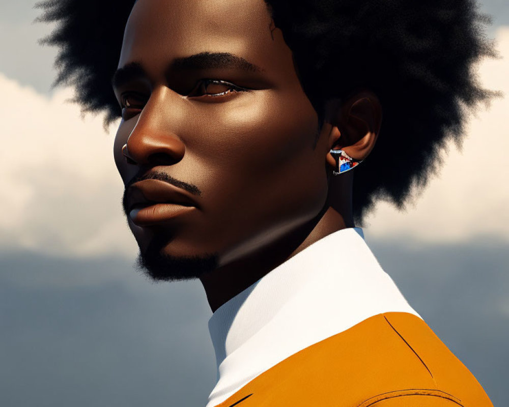 Stylized digital portrait of a man with black hair and orange jacket