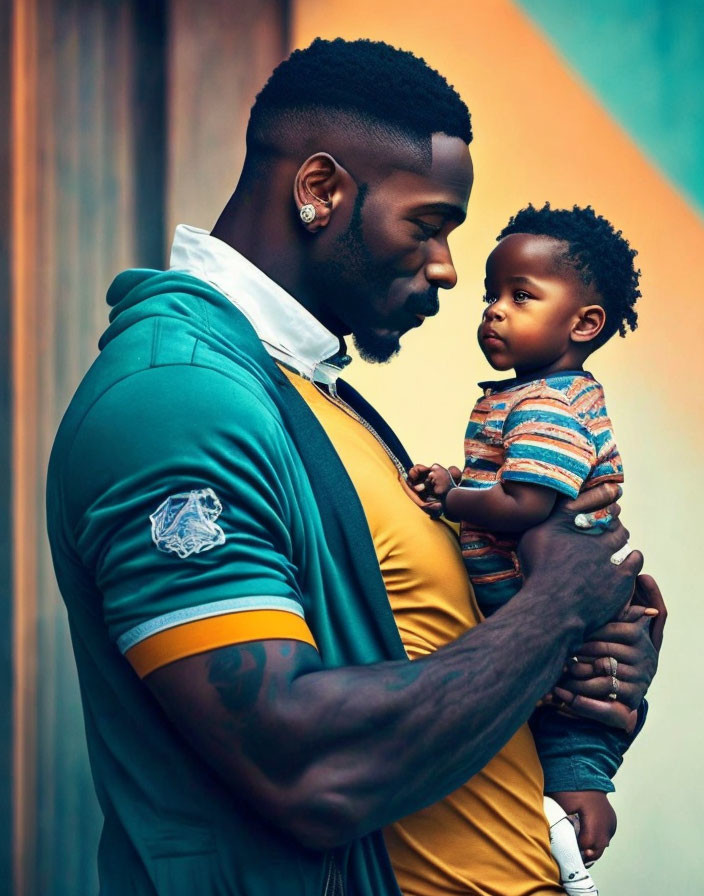 Bearded man holding child against striped backdrop