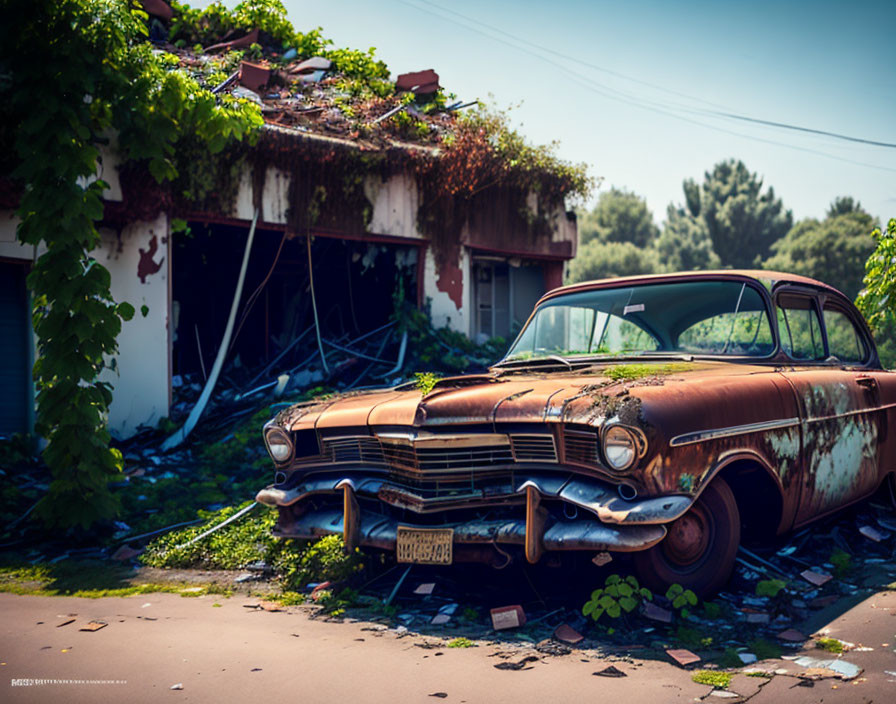 Abandoned rusted car in front of overgrown building