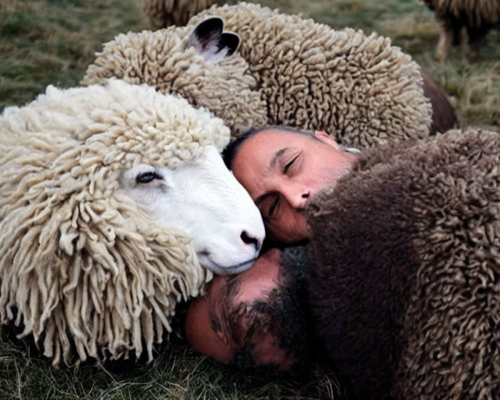 Man napping outdoors with three fluffy sheep