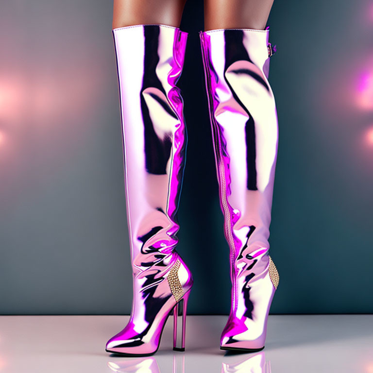 Shiny Metallic Pink Thigh-High Boots with Stiletto Heels and Rhinestone Details