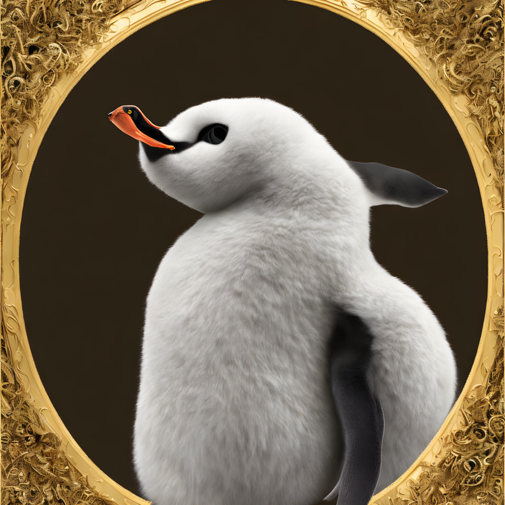 Realistic digital artwork of a penguin with elegant white feathers, black accents, and orange beak