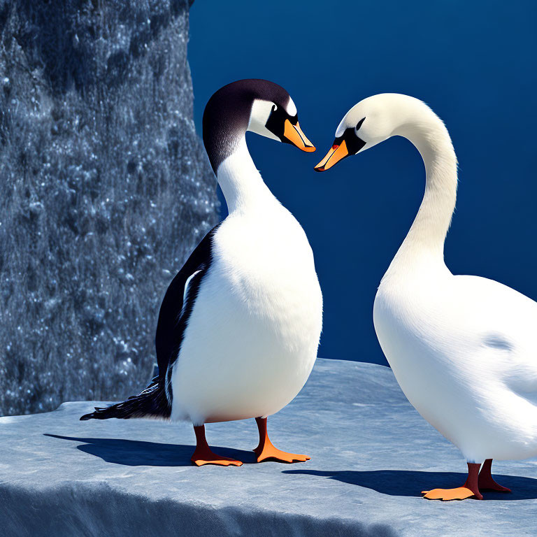 Animated Penguin and Swan Birds Interacting on Icy Surface