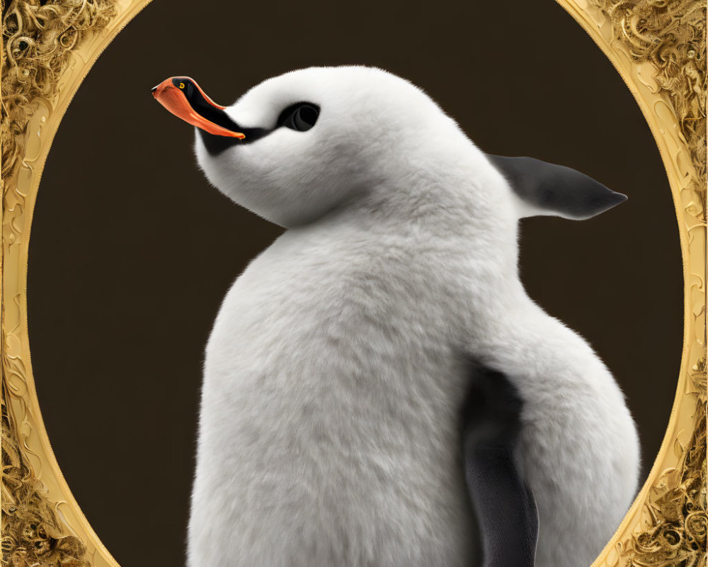 Realistic digital artwork of a penguin with elegant white feathers, black accents, and orange beak