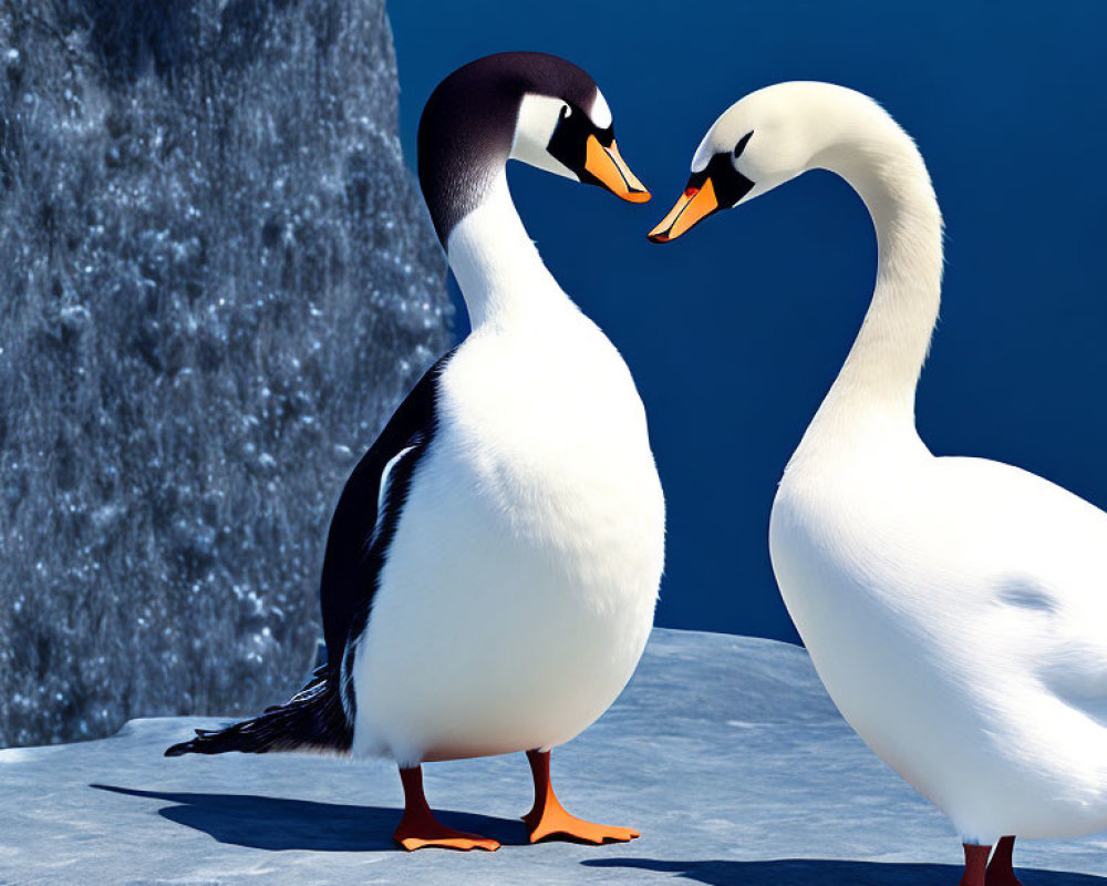 Animated Penguin and Swan Birds Interacting on Icy Surface