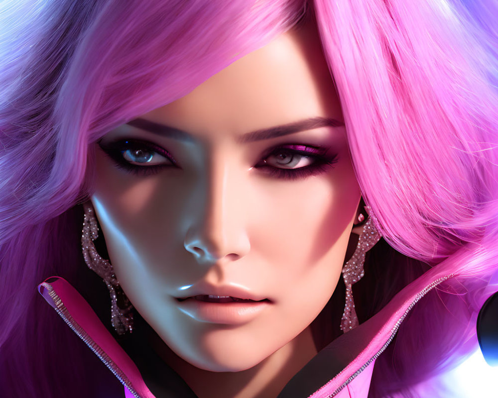 Vibrant digital portrait of woman with pink hair and blue eyes