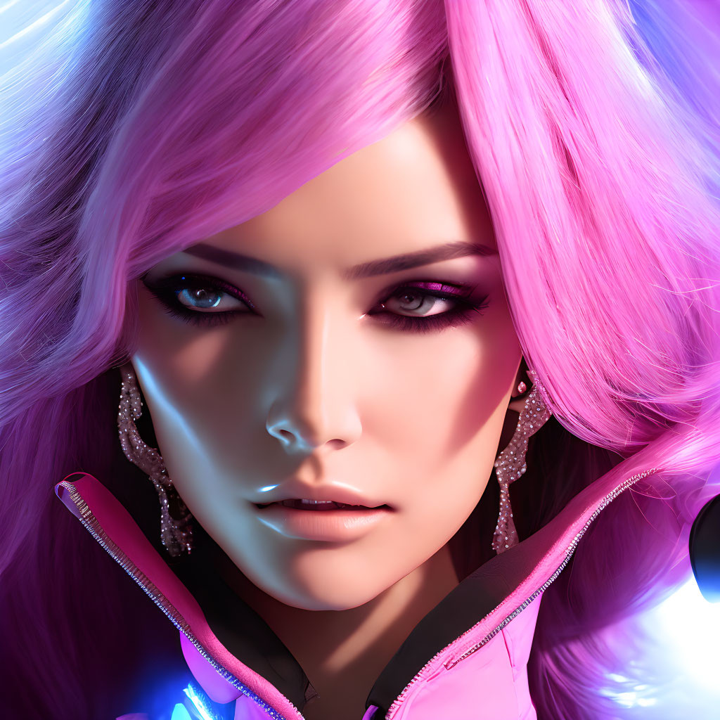 Vibrant digital portrait of woman with pink hair and blue eyes