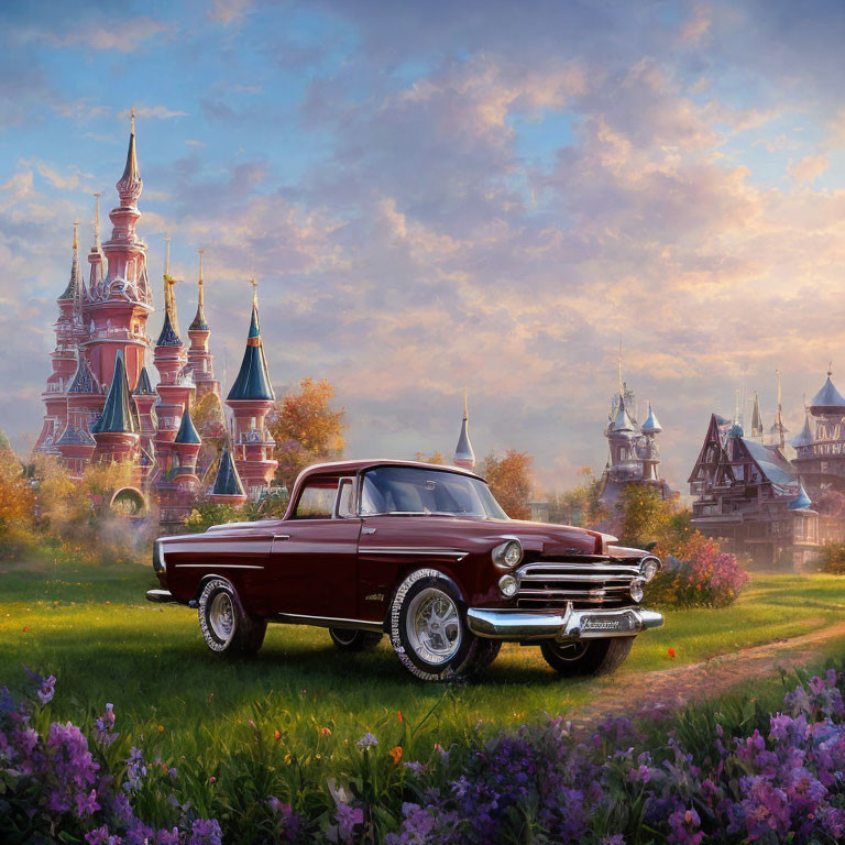 Vintage car in flower-filled field with castle and spires against soft sky