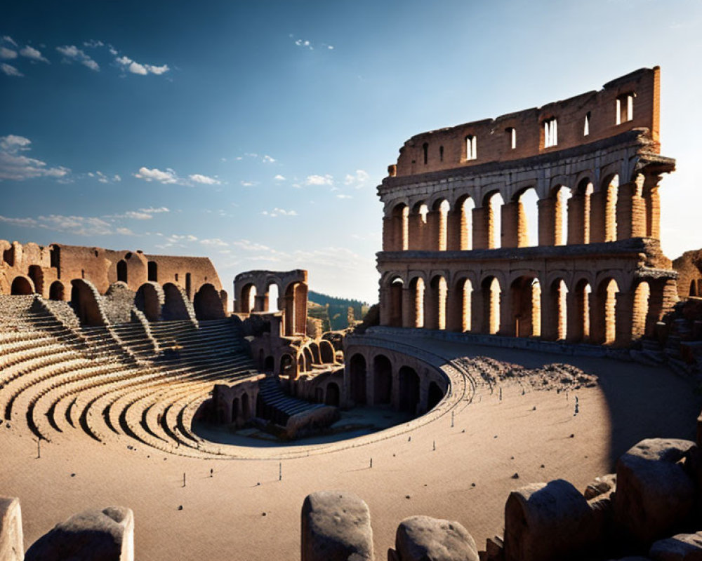 Ancient Roman Colosseum Interior and Seating Under Blue Sky