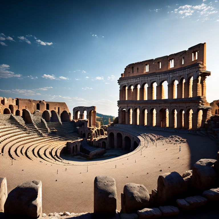 Ancient Roman Colosseum Interior and Seating Under Blue Sky