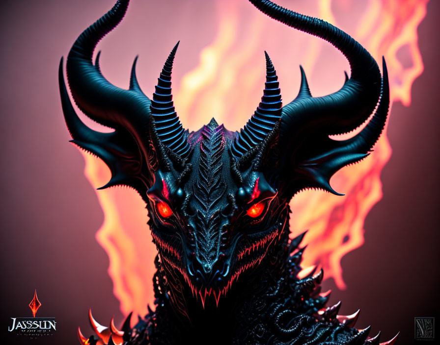 Detailed Black Dragon Figure with Glowing Red Eyes and Horns in Front of Stylized Orange Flames