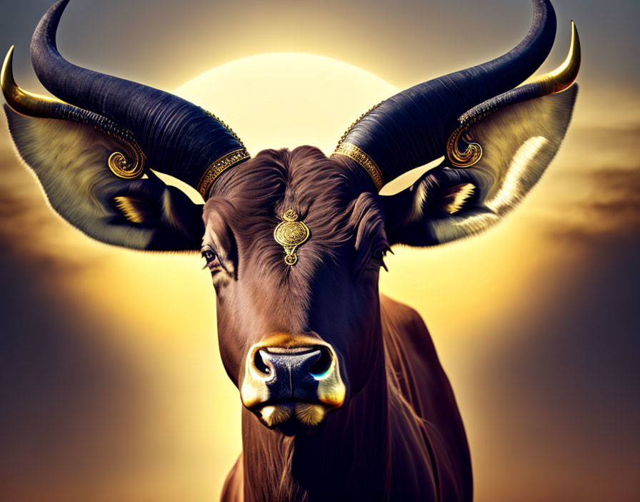 Majestic bull with large horns and golden medallion at sunset