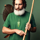 Bearded man with spear, shield, and medallion in green t-shirt