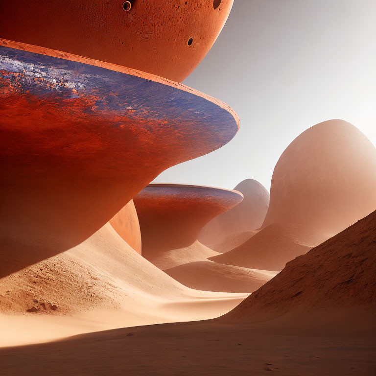 Vivid desert landscape with red and orange sand dunes and a rusty metal structure