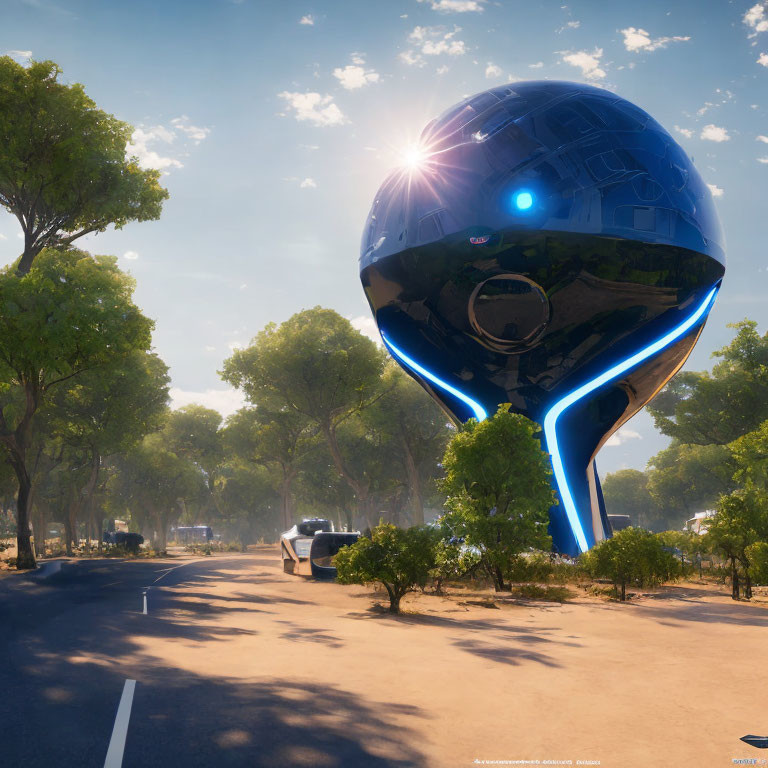 Futuristic blue and black spherical structure hovering over tree-lined road