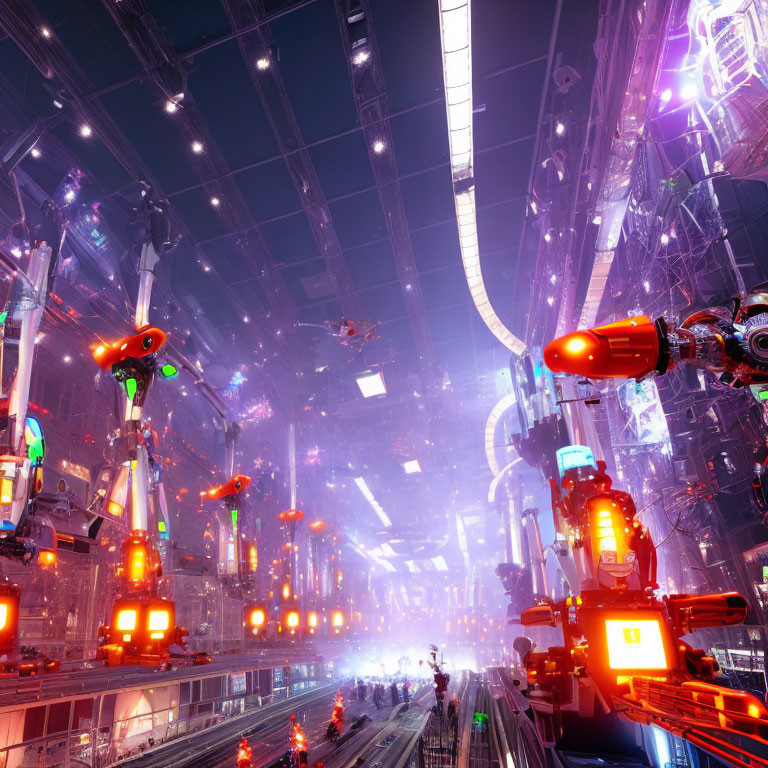 Futuristic cyberpunk cityscape with neon lights and advanced robotics