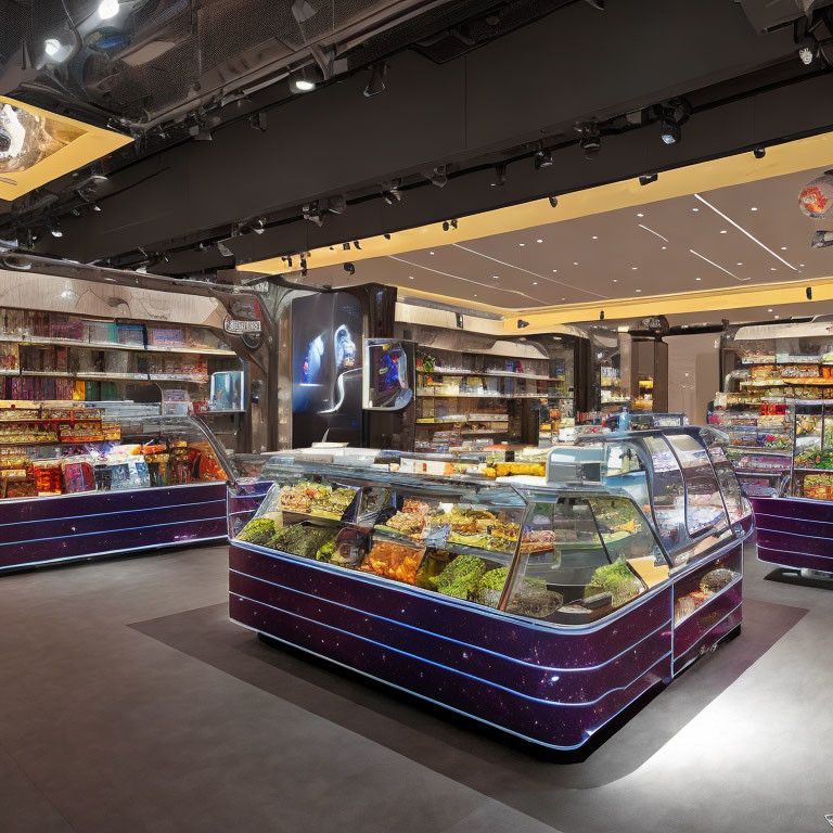 Sleek Galaxy-Themed Candy Store Interior Displaying Wide Selection of Sweets