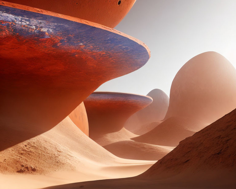 Vivid desert landscape with red and orange sand dunes and a rusty metal structure