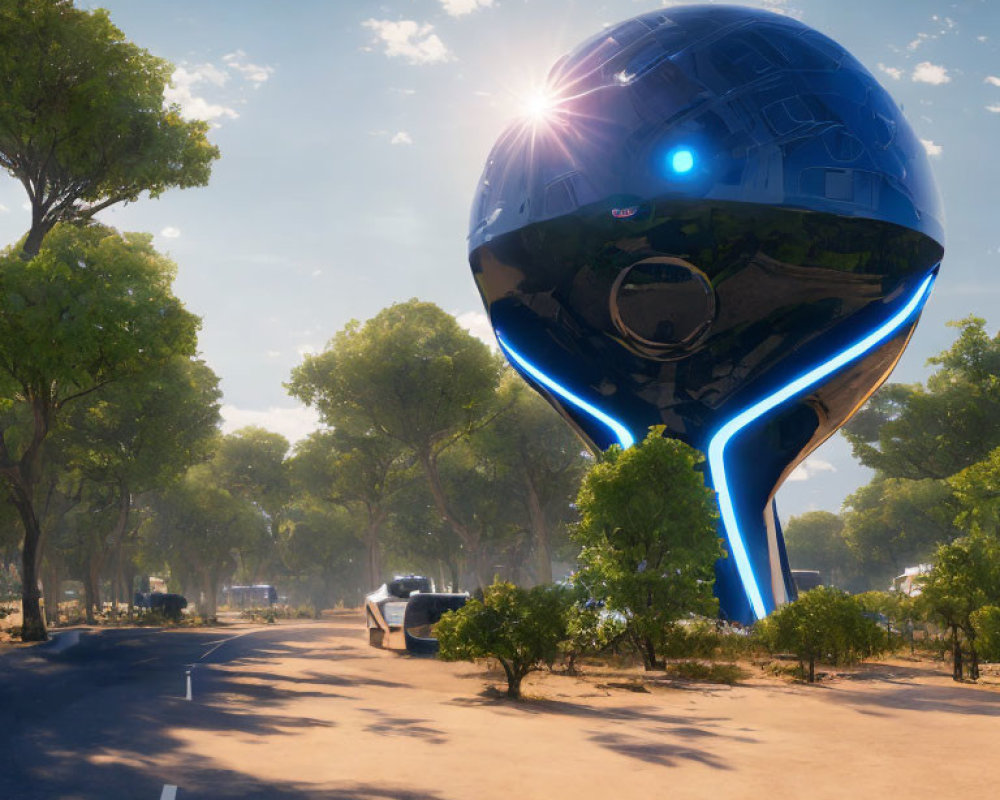 Futuristic blue and black spherical structure hovering over tree-lined road