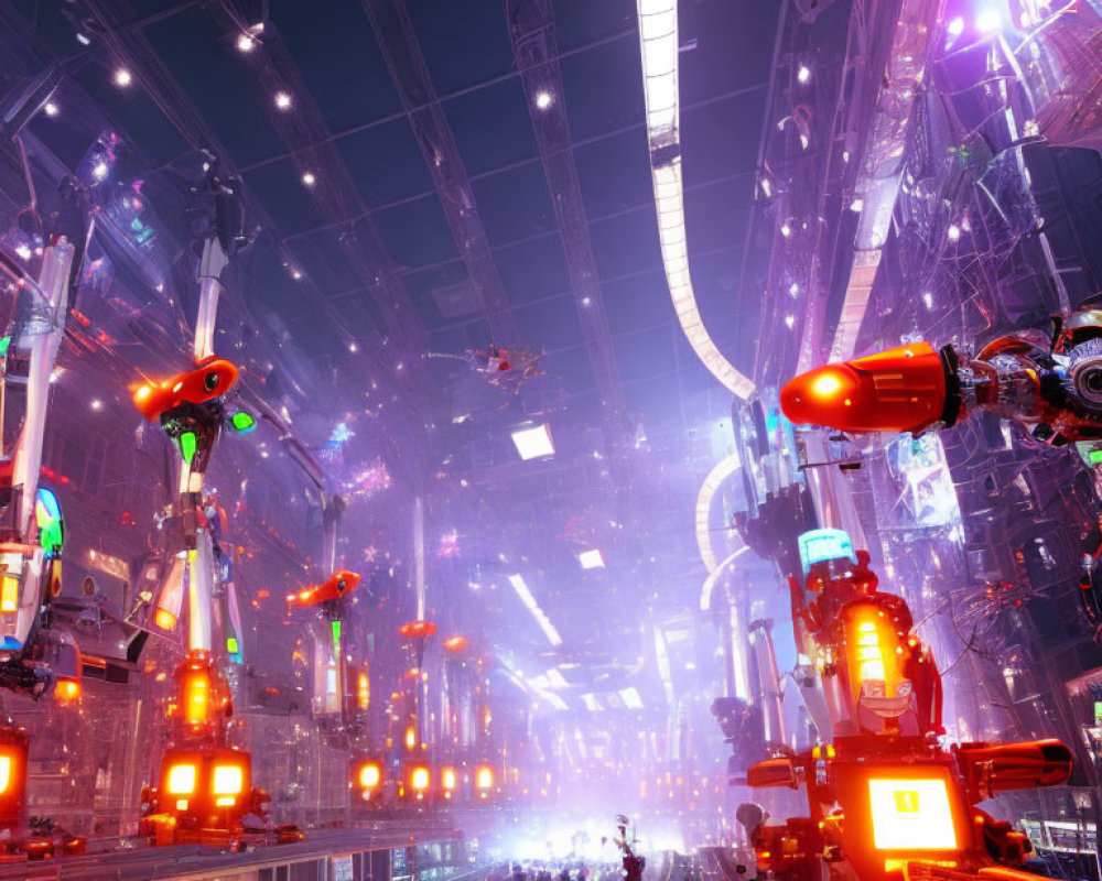 Futuristic cyberpunk cityscape with neon lights and advanced robotics