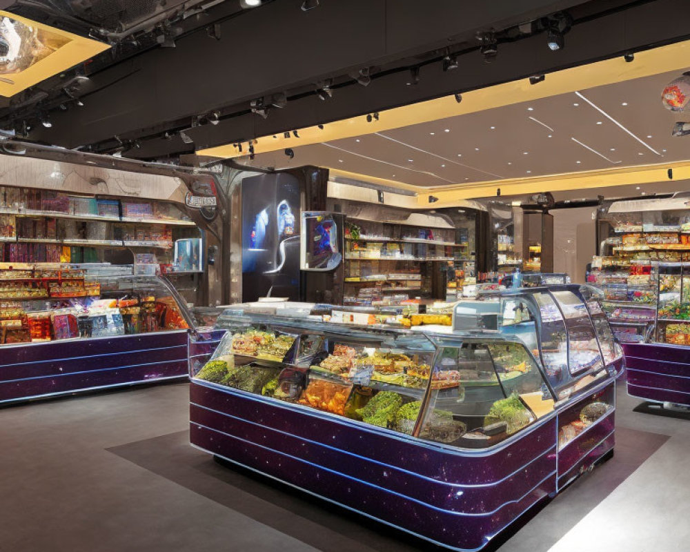 Sleek Galaxy-Themed Candy Store Interior Displaying Wide Selection of Sweets