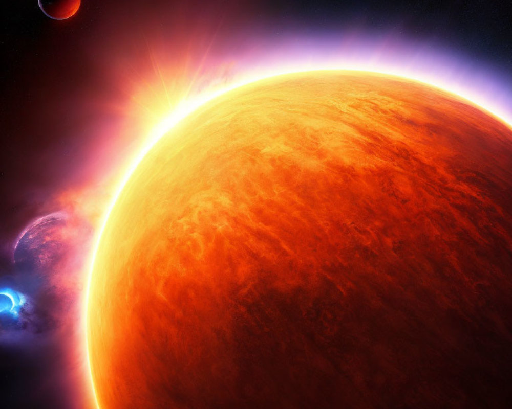 Vibrant space scene with radiant sun, red planet, and twinkling stars