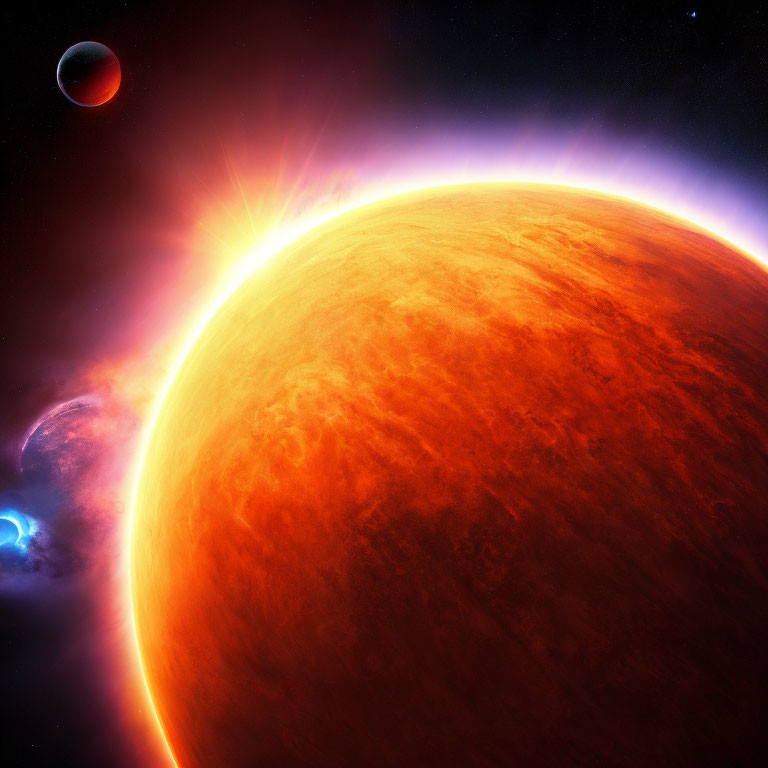 Vibrant space scene with radiant sun, red planet, and twinkling stars