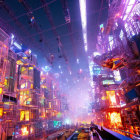 Futuristic cyberpunk cityscape with neon lights and advanced robotics