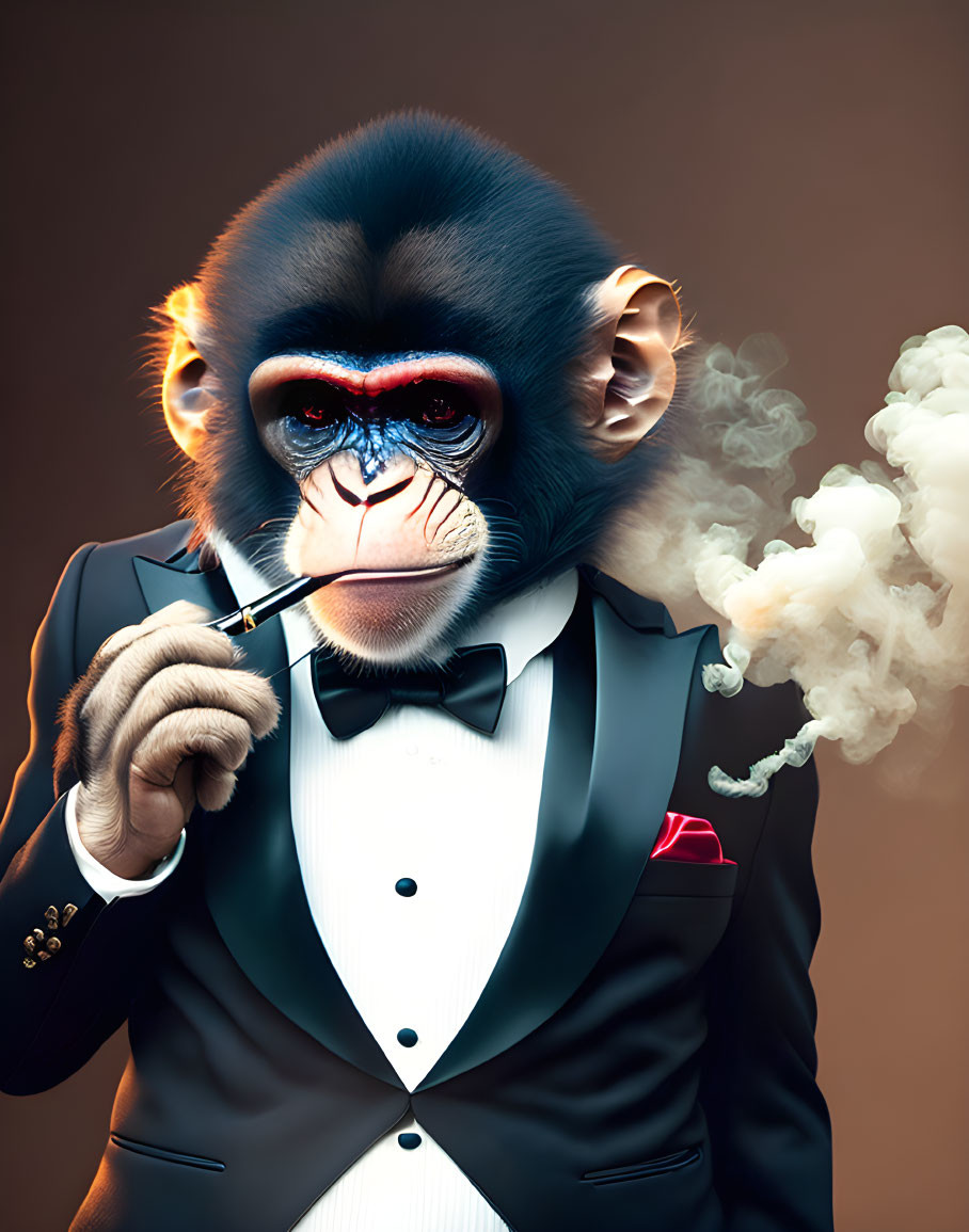 Baboon in Tailored Suit with Bow Tie and Pipe on Dark Background