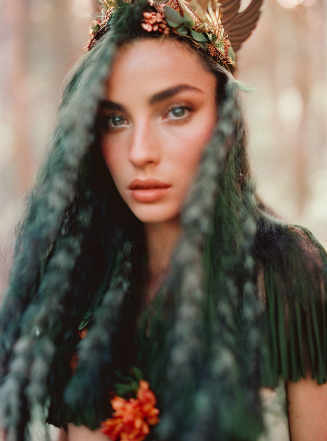 Woman wearing floral and antler headpiece in forest setting.