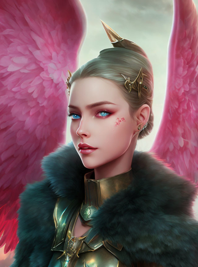 Illustrated female figure with pink wings and golden armor and elegant ear piercings