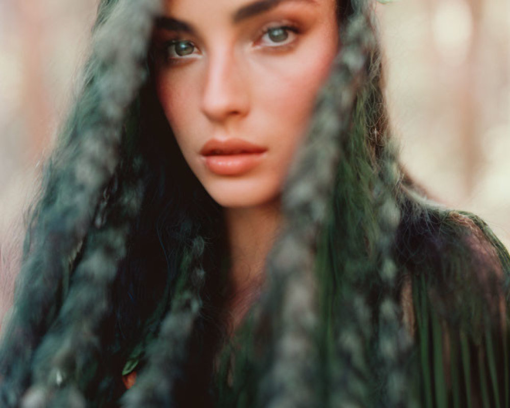 Woman wearing floral and antler headpiece in forest setting.