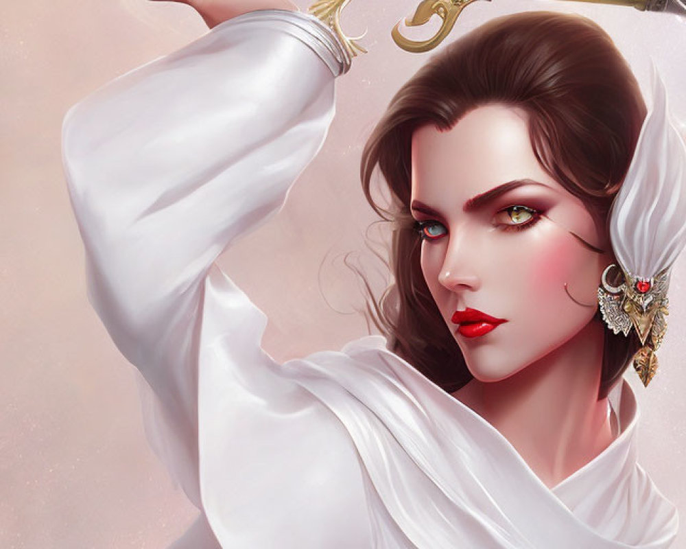 Digital painting of woman with dark hair, golden sword, white outfit, and ornate earring on