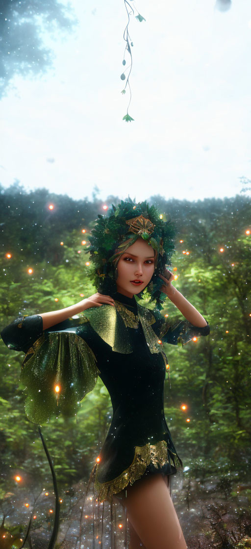 Forest fairy with leafy headpiece in mystical glowing forest