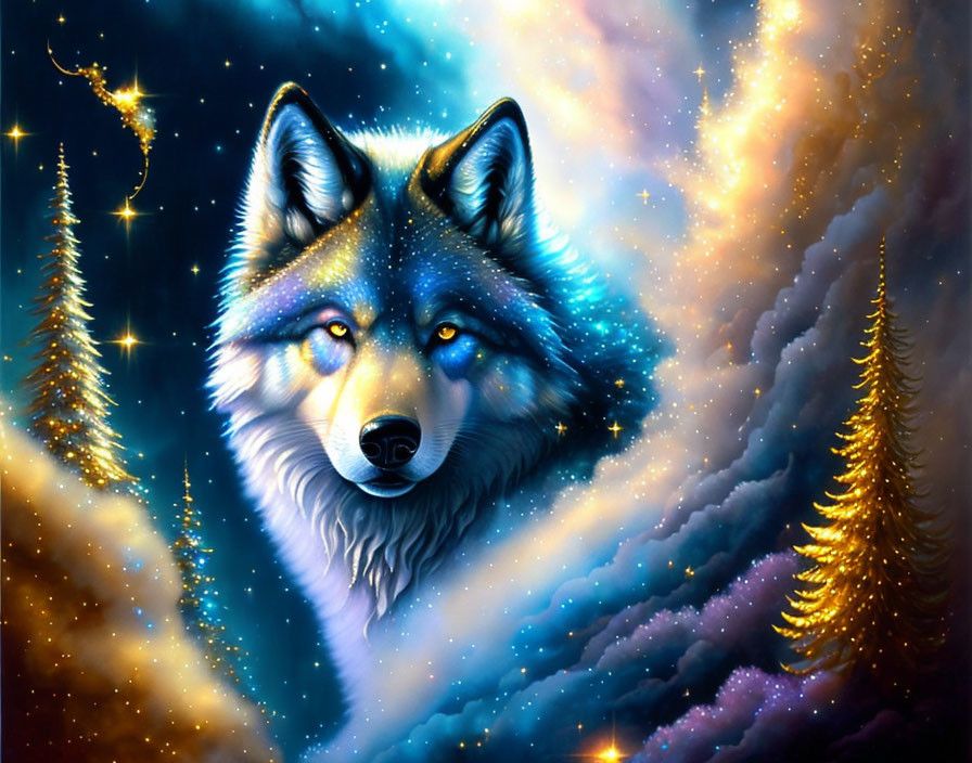 Majestic wolf head in cosmic setting with stars and pine trees